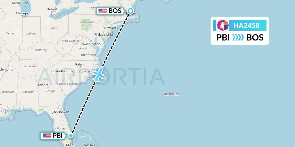 HA2458 Hawaiian Airlines Flight Map: West Palm Beach to Boston