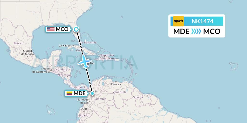 NK1474 Spirit Airlines Flight Map: Medellin to Orlando