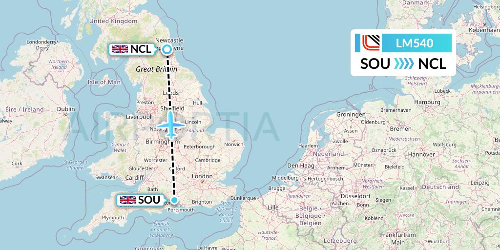 LM540 Loganair Flight Map: Southampton to Newcastle
