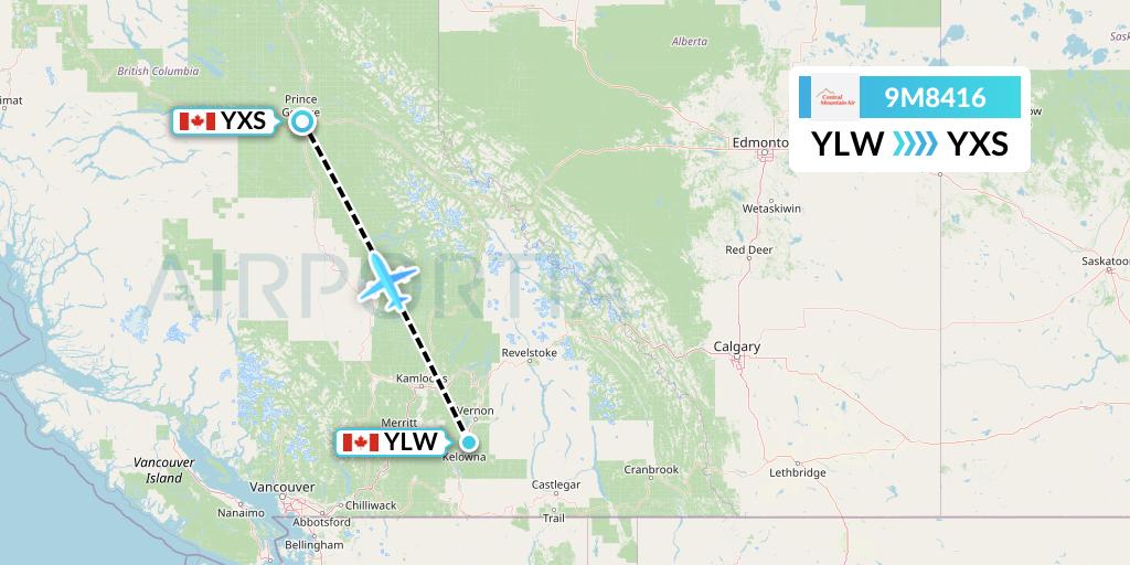 9M8416 Central Mountain Air Flight Map: Kelowna to Prince George