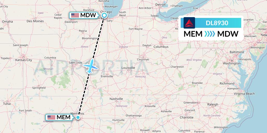 DL8930 Delta Air Lines Flight Map: Memphis to Chicago