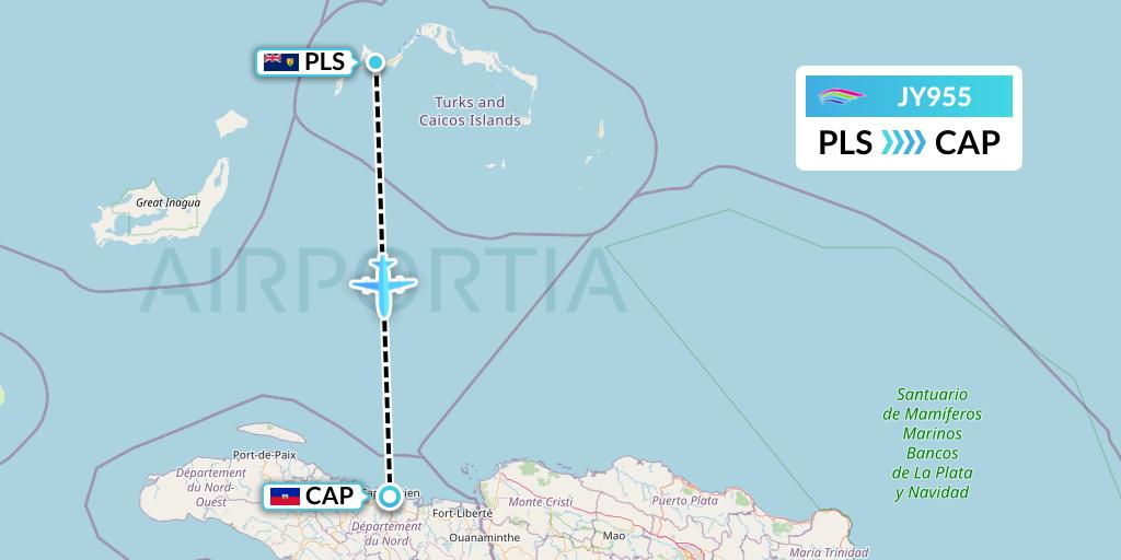JY955 InterCaribbean Airways Flight Map: Providenciales to Cap-Haitien