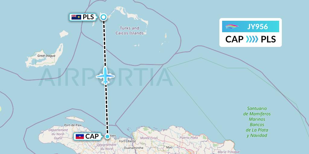 JY956 InterCaribbean Airways Flight Map: Cap-Haitien to Providenciales