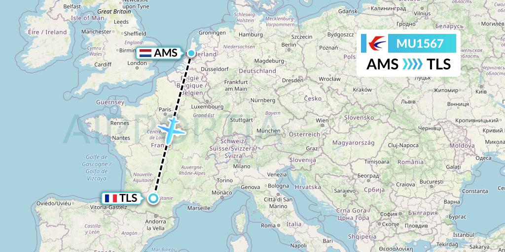 MU1567 China Eastern Airlines Flight Map: Amsterdam to Toulouse