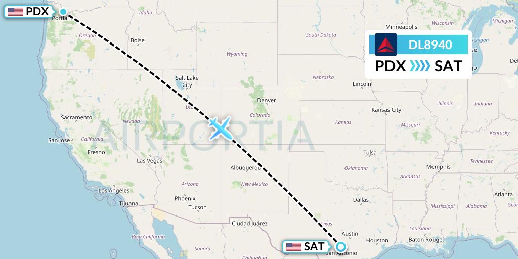 DL8940 Delta Air Lines Flight Map: Portland to San Antonio