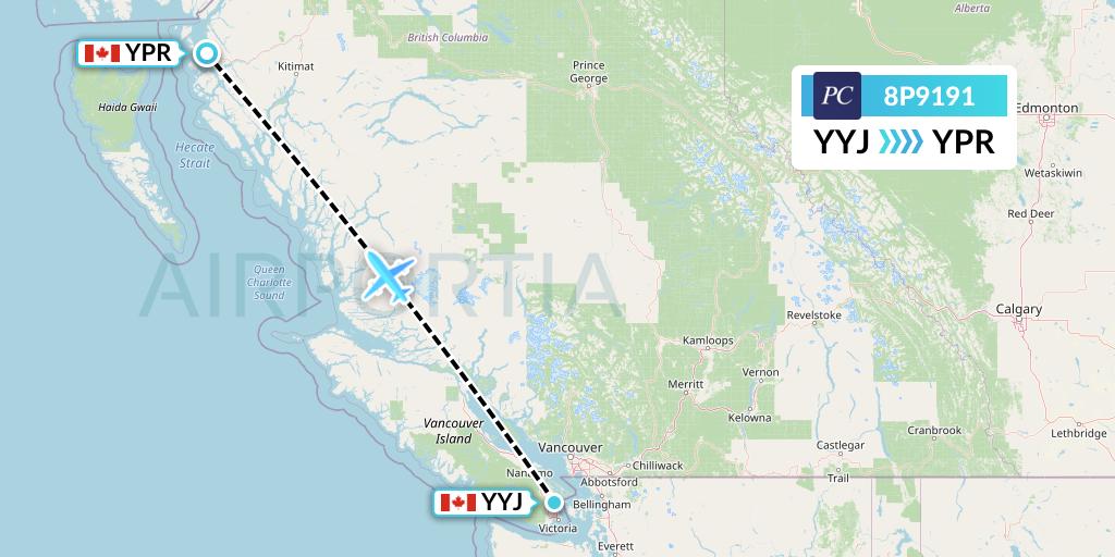 8P9191 Pacific Coastal Airlines Flight Map: Victoria to Prince Rupert