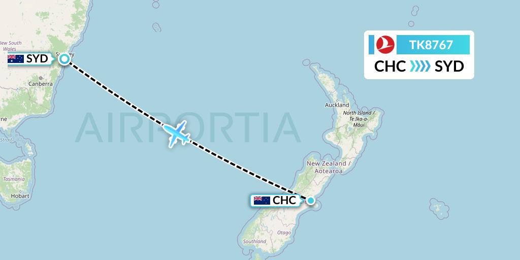 TK8767 Turkish Airlines Flight Map: Christchurch to Sydney