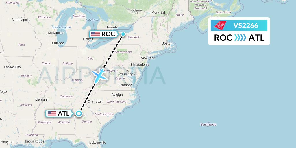 VS2266 Virgin Atlantic Airways Flight Map: Rochester to Atlanta