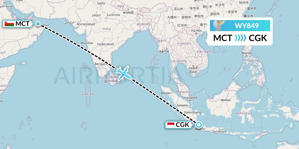 WY849 Oman Air Flight Map: Muscat to Jakarta