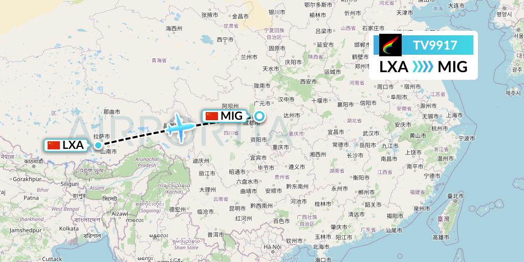 TV9917 Tibet Airlines Flight Map: Lhasa to Mianyang