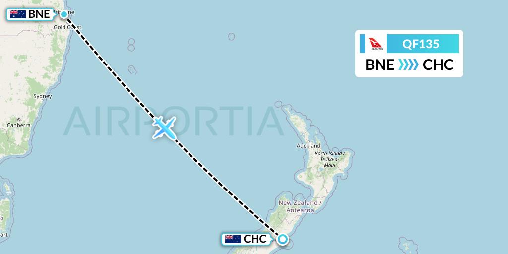 QF135 Qantas Flight Map: Brisbane to Christchurch