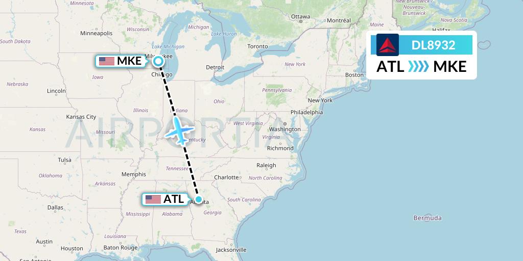 DL8932 Delta Air Lines Flight Map: Atlanta to Milwaukee