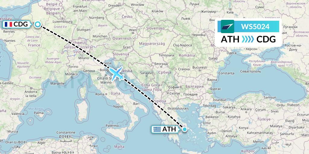 WS5024 WestJet Flight Map: Athens to Paris