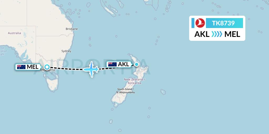 TK8739 Turkish Airlines Flight Map: Auckland to Melbourne