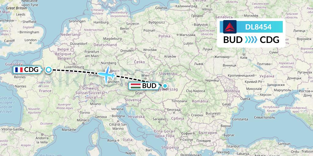 DL8454 Delta Air Lines Flight Map: Budapest to Paris