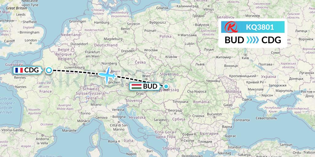 KQ3801 Kenya Airways Flight Map: Budapest to Paris