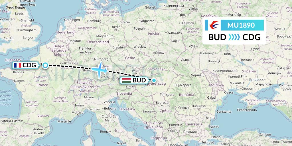 MU1890 China Eastern Airlines Flight Map: Budapest to Paris