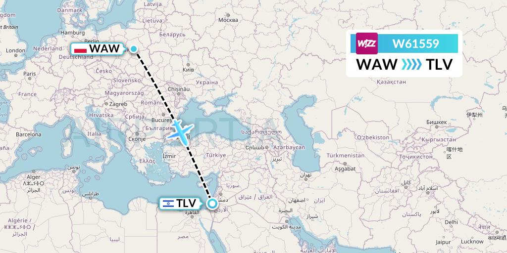 W61559 Wizz Air Flight Map: Warsaw to Tel Aviv