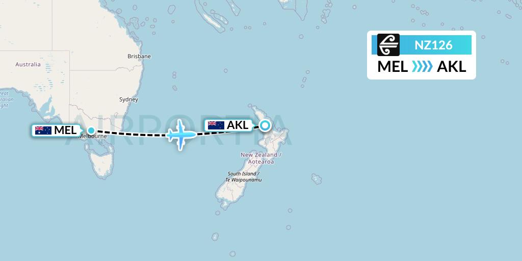NZ126 Air New Zealand Flight Map: Melbourne to Auckland