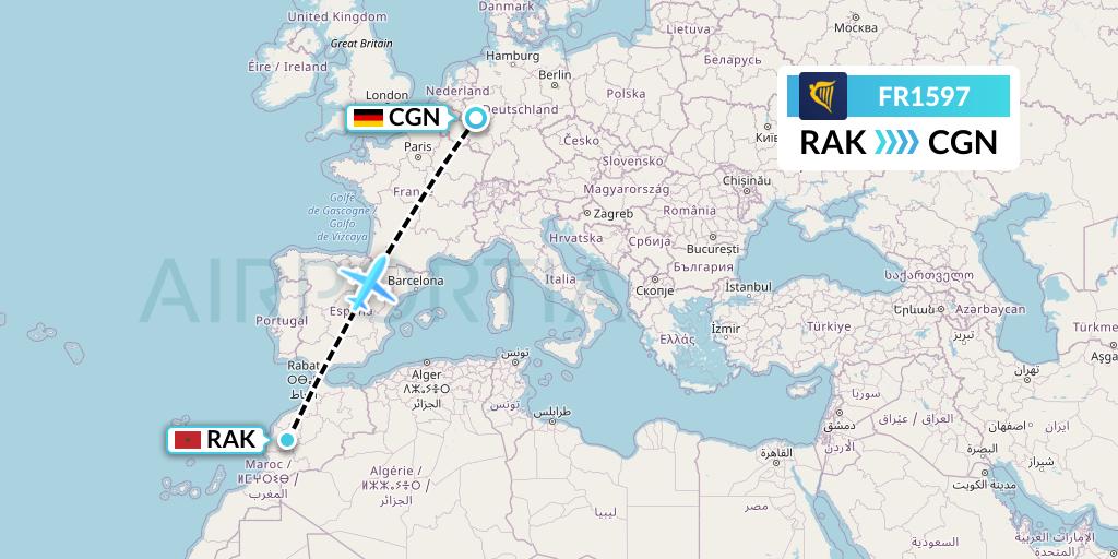 FR1597 Ryanair Flight Map: Marrakesh to Cologne