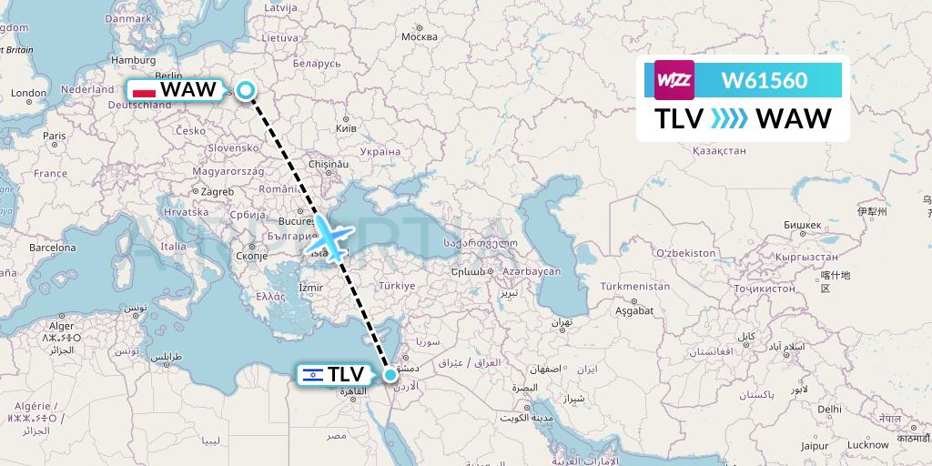 W61560 Wizz Air Flight Map: Tel Aviv to Warsaw