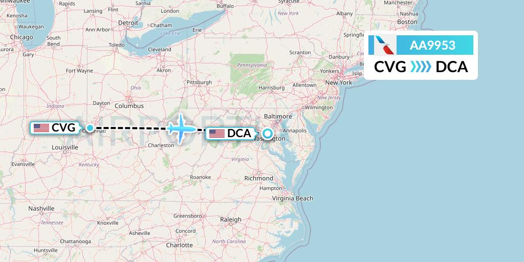 AA9953 American Airlines Flight Map: Cincinnati to Washington
