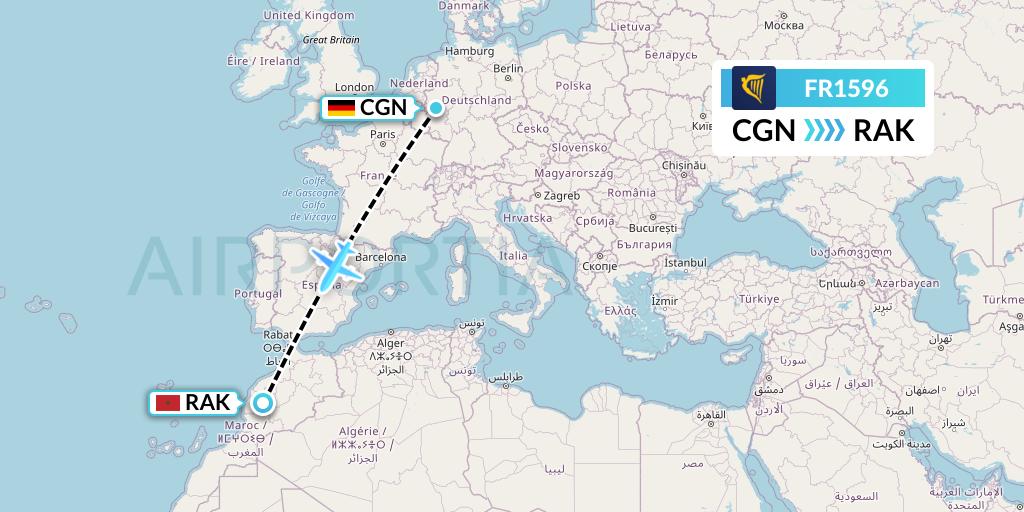 FR1596 Ryanair Flight Map: Cologne to Marrakesh 