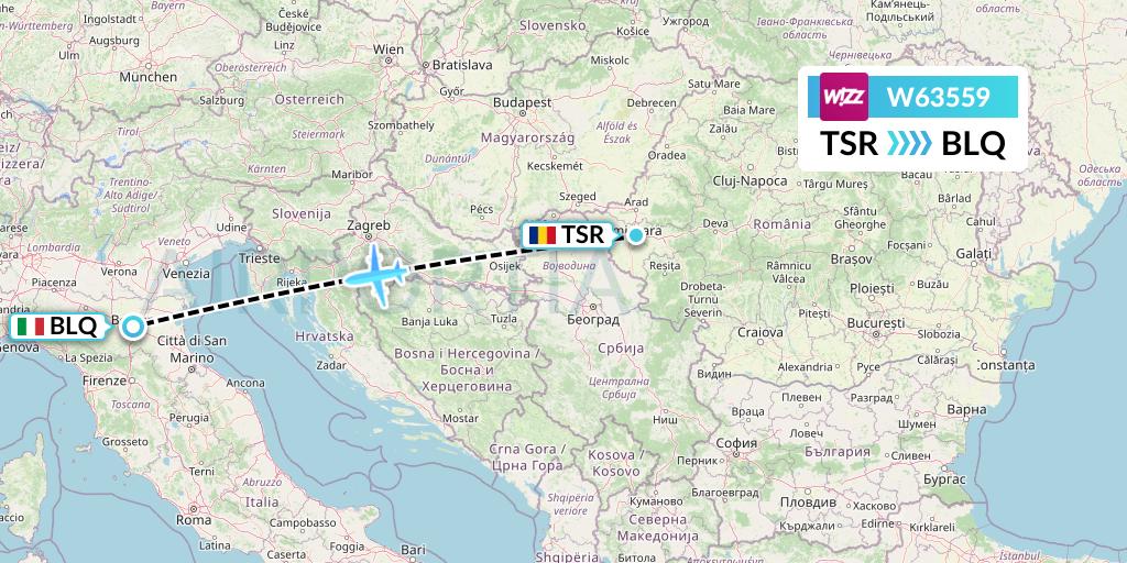 W63559 Wizz Air Flight Map: Timisoara to Bologna