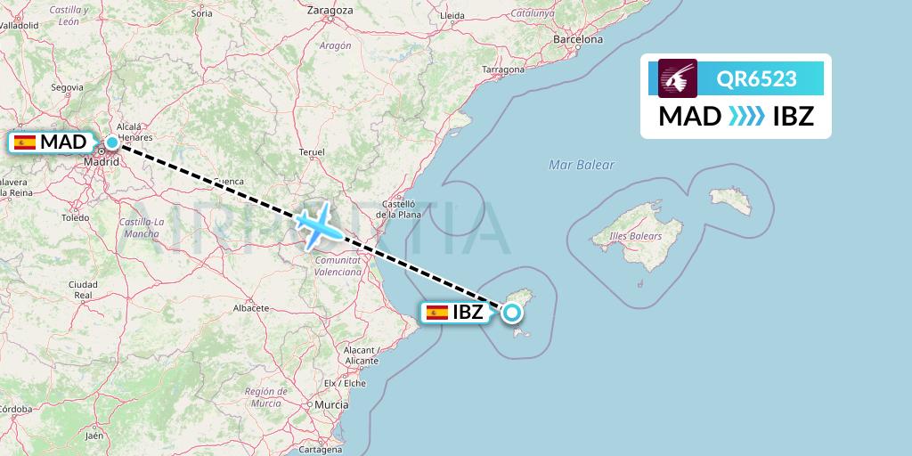 QR6523 Qatar Airways Flight Map: Madrid to Ibiza