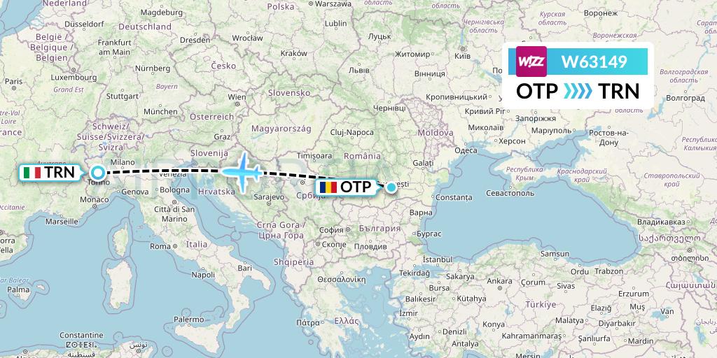 W63149 Wizz Air Flight Map: Bucharest to Turin