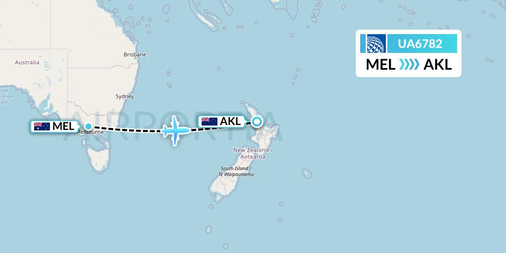 UA6782 United Airlines Flight Map: Melbourne to Auckland