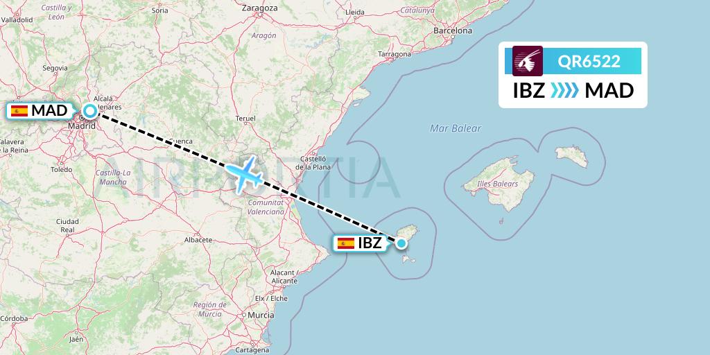 QR6522 Qatar Airways Flight Map: Ibiza to Madrid