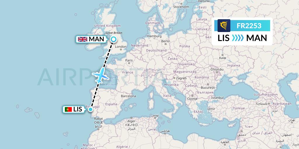 FR2253 Ryanair Flight Map: Lisbon to Manchester