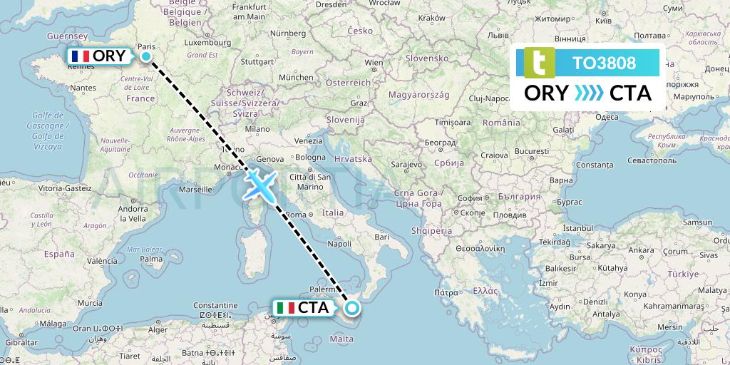 TO3808 Transavia France Flight Map: Paris to Catania