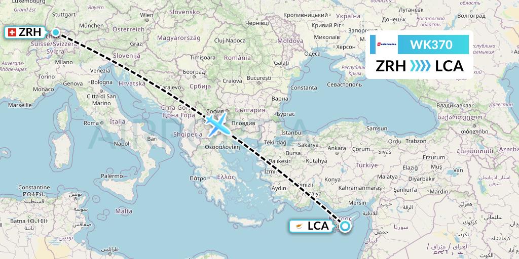 WK370 Edelweiss Air Flight Map: Zurich to Larnaca