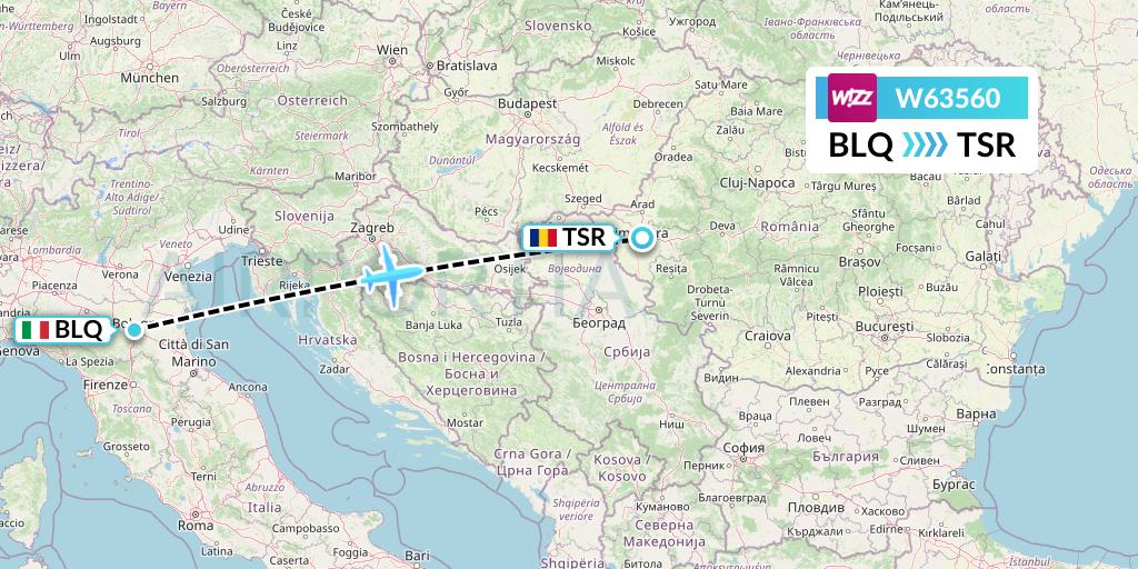 W63560 Wizz Air Flight Map: Bologna to Timisoara