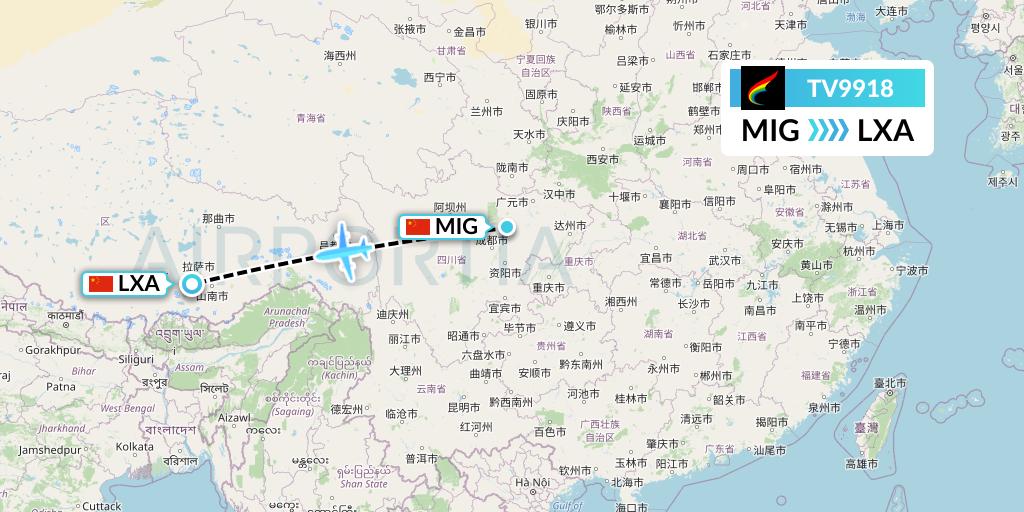 TV9918 Tibet Airlines Flight Map: Mianyang to Lhasa