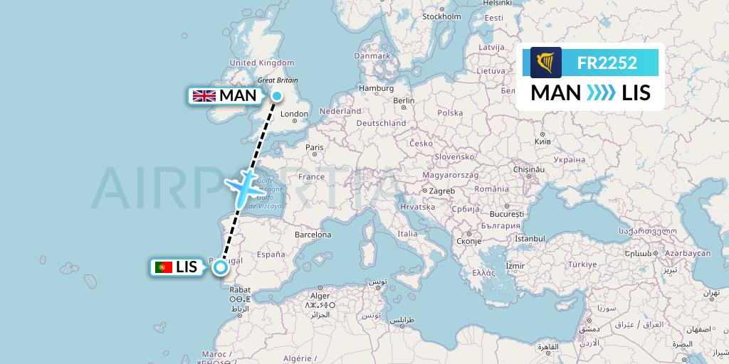 FR2252 Ryanair Flight Map: Manchester to Lisbon