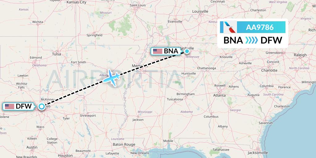 AA9786 American Airlines Flight Map: Nashville to Dallas