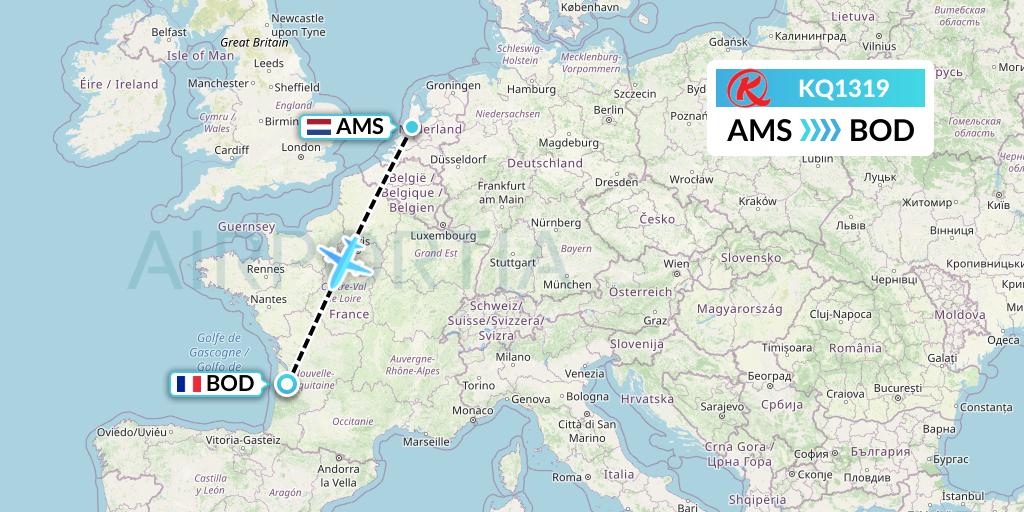 KQ1319 Kenya Airways Flight Map: Amsterdam to Bordeaux