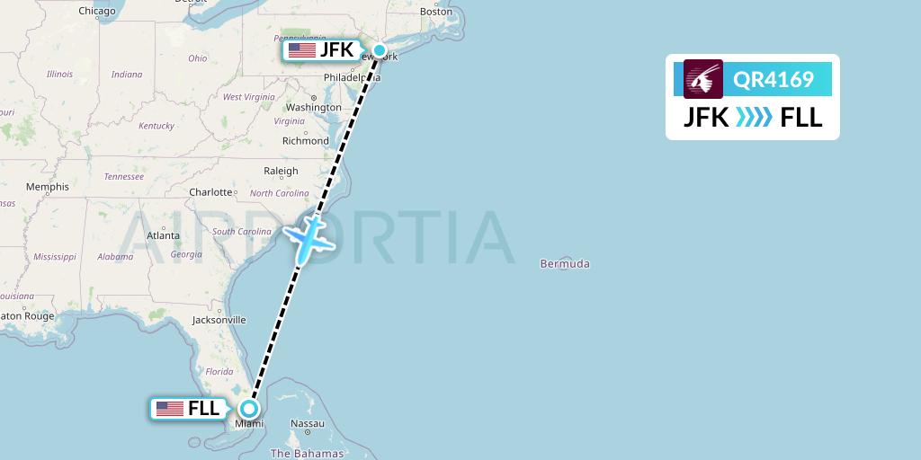 QR4169 Qatar Airways Flight Map: New York to Fort Lauderdale