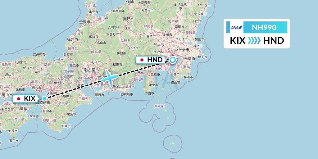 NH990 All Nippon Airways Flight Map: Osaka to Tokyo