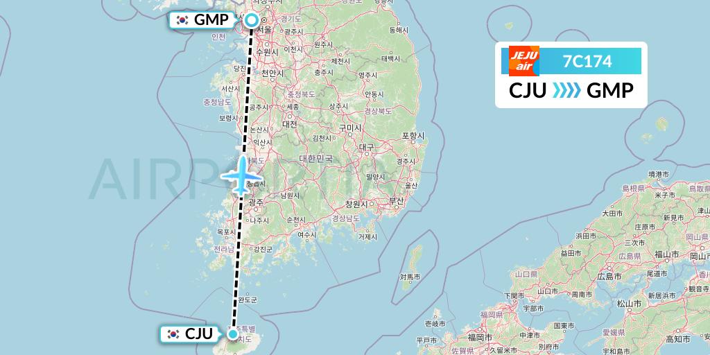7C174 Jeju Air Flight Map: Jeju to Seoul
