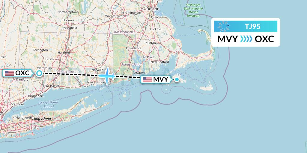 TJ95 Tradewind Aviation Flight Map: Martha's Vineyard to Oxford