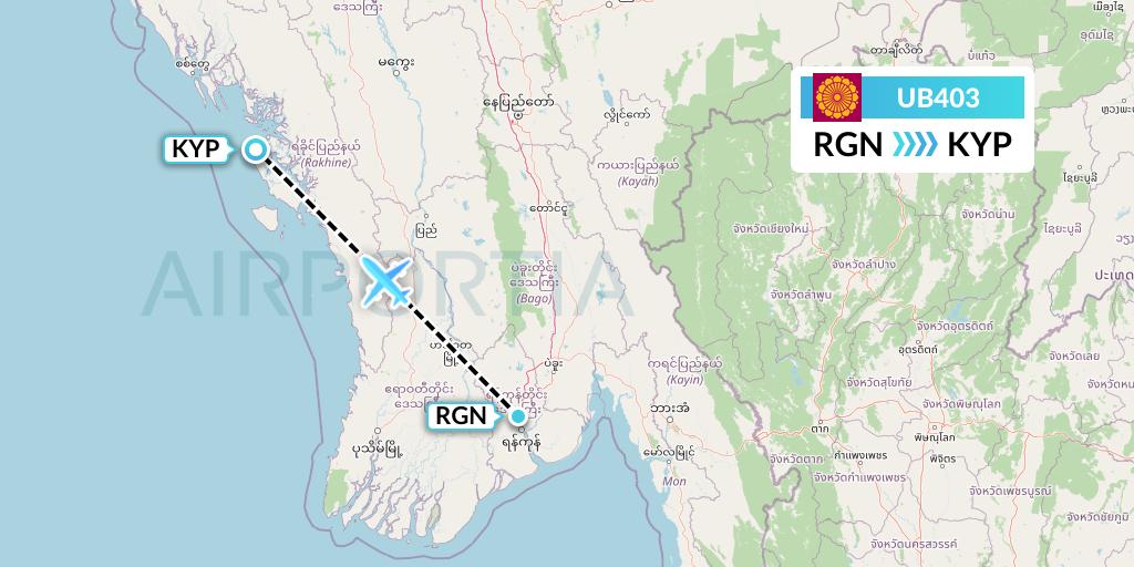 UB403 Myanmar National Airlines Flight Map: Yangon to Kyaukpyu