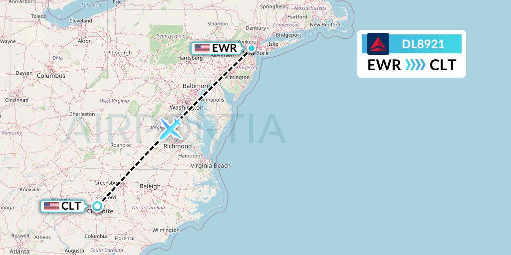 DL8921 Delta Air Lines Flight Map: New York to Charlotte