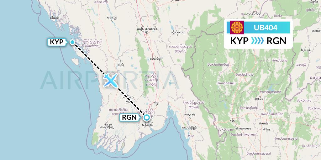 UB404 Myanmar National Airlines Flight Map: Kyaukpyu to Yangon