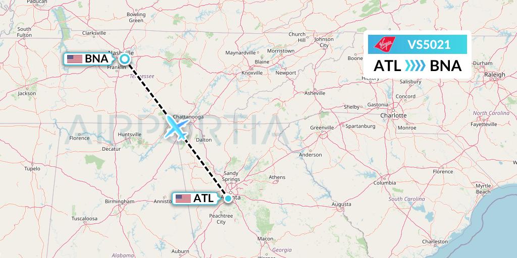 VS5021 Virgin Atlantic Airways Flight Map: Atlanta to Nashville