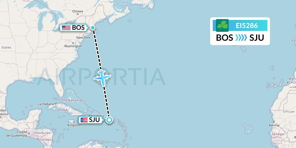 EI5286 Aer Lingus Flight Map: Boston to San Juan