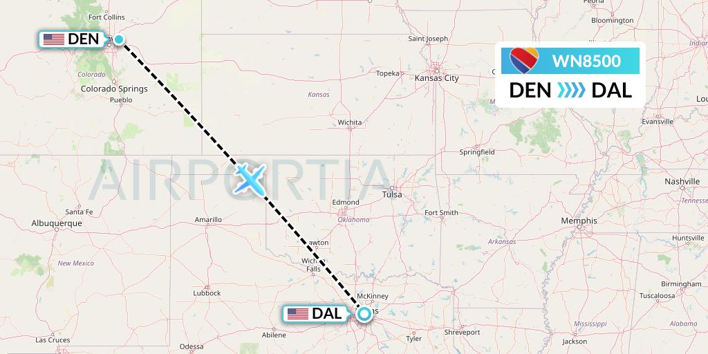 WN8500 Southwest Airlines Flight Map: Denver to Dallas